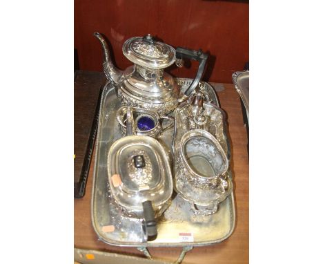 Assorted plated wares to include gallery tray, four-piece tea and coffee service, cruets etc 