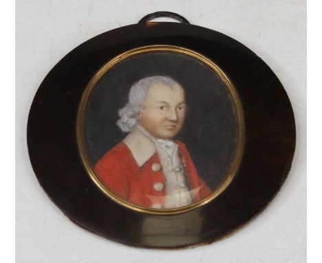 English school, mid 19th century, half length portrait miniature of a gentleman in a red tunic, watercolour on ivory, oval, 4