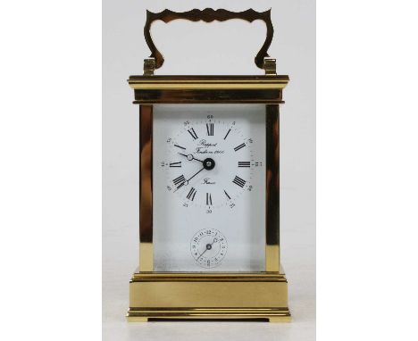 A French lacquered brass cased carriage clock, having visible platform escapement, white enamel dial with Roman numerals, sig