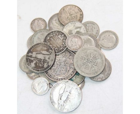 A collection of British pre-decimal silver coinage to include a victorian shilling 1872 (holed), Threepence 1890, An Edward V