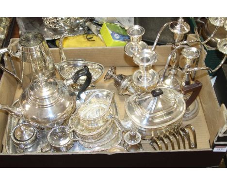 Two boxes of assorted silver plated wares, to include a Regency style three-piece tea set, Edwardian coffee pot, pair of thre