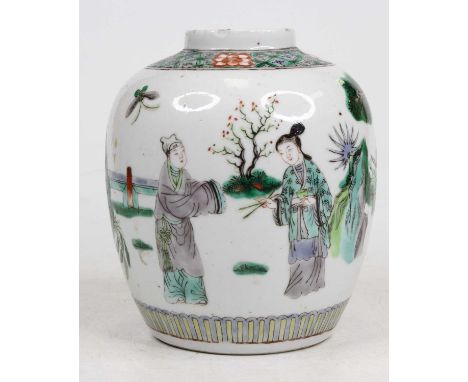 A Chinese famille verte porcelain ginger jar, decorated with figures within a garden, height 15cmThree chips and one crack to