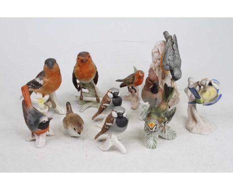 A collection of W. Goebel china bird ornaments, to include robins, blue-titmouse and firecrest (10); together with a Lomonoso