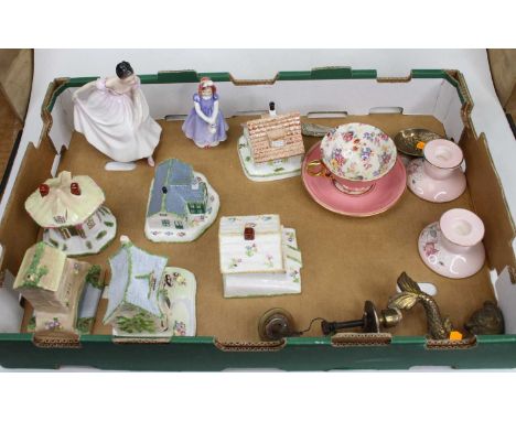 Miscellaneous items to include a Royal Doulton figure of Danielle, Coalport pastille burners, a brass dolphin door knocker, a