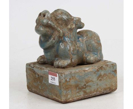 A Chinese  blue crackle glazed zoomorphic ridge tile, height 16.5cm