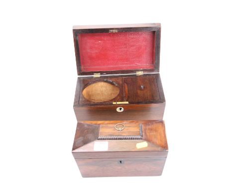 A 19th century rosewood tea caddy of sarcophagus form, width 24cm, together with another similar