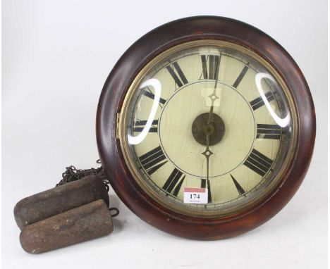 A Victorian postman's alarm clock, having a painted circular Roman dial with brass alarm disc, beechwood case and weight-driv