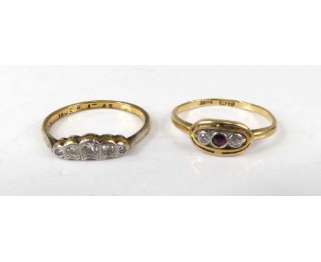 An 18ct gold diamond five-stone ring, arranged as five small graduated round cuts, size M; together with an 18ct gold ruby an