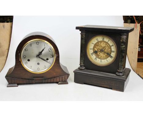 An early 20th century oak cased clock, the silvered dial showing Arabic numerals, having an eight-day movement, striking on c