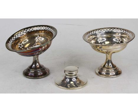A pair of silver pedestal bonbon dishes, on loaded bases (one a/f); together with a silver capstan inkwell on loaded base (hi