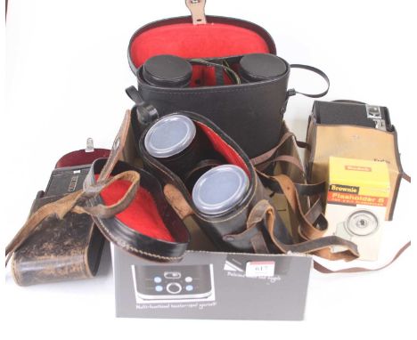 A pair of Miranda 10x50 binoculars, cased, together with another pair, and two vintage cameras