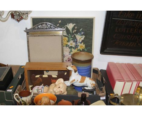Miscellaneous items to include a vintage rotary telephone, needlework, pottery model of a dog etc