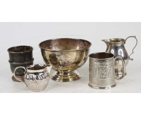 Mixed silverwares, to include a footed bowl (with dents and repairs), sparrowbeak cream jug, footed mug (lacking handle), Isn