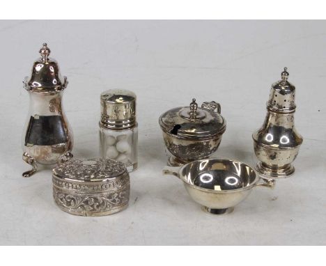 Assorted silver cruets, to include two lighthouse pepperettes, mustard, miniature porringer, white metal snuff box etc (6)