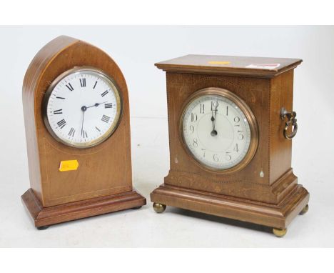 An Edwardian mahogany and boxwood strung lancet mantel clock, the enamel dial showing Roman numerals, height 22cm, together w