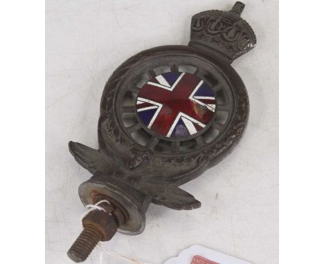 An early 20th century car badge for The Royal Automobile Club in the form of a wheel surmounted by a crown with enamel Union 