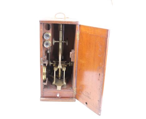 A 19th century brass monocular microscope, the mechanical stage above a Y-shaped foot, inscribed M Pillischer, London, housed