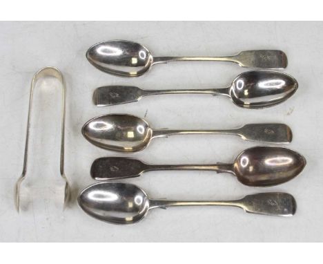 A set of five Victorian silver teaspoons in the Fiddle pattern; together with a pair of silver sugar bows, gross weight 3.7oz