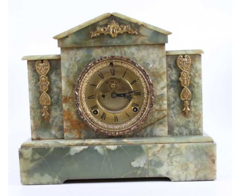 A circa 1900 onyx mantel clock of architectural outline, having visible escapement and American Ansonia eight-day striking mo