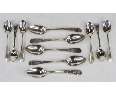Assorted 19th century and later silver tea and coffee spoons, mostly in the Old English pattern with bright cut engraved deco