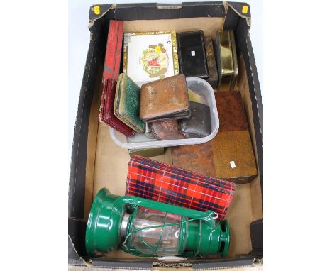 Miscellaneous items to include an Art Deco travel clock, boxes, and a hurricane lamp
