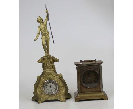 A German gilt metal carriage clock (a/f), h.16cm; together with a gilt metal cased mantel clock surmounted with a robed maide