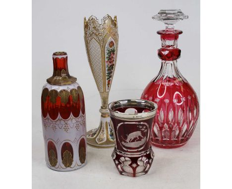 A ruby overlaid glass tumbler etched with stag having silver rim, height 12.5cm (a/f), together with a bohemian glass vase, a