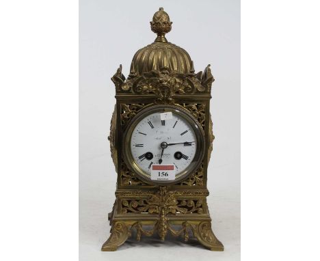 A late Victorian brass cased mantel clock by Hill of Old Street, London, the case of architectural outline, the signed white 