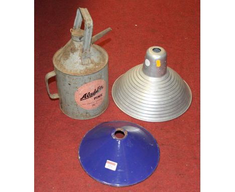 A blue enamel industrial ceiling light shade, dia. 25cm, together with a metal industrial light shade, and an Aladdin pink ad