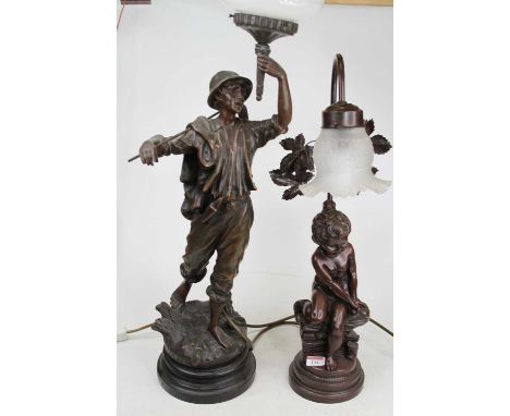 A figural spelter table, having a milk glass shade, height 75cm, together with a bronzed figural table lamp, height 55cm (2)