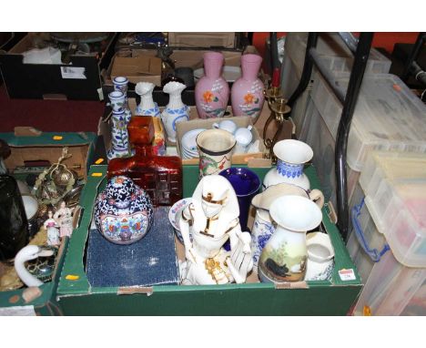 Two boxes of ceramics and glassware to include a pair of Victorian pink glass vases, a pair of Victorian relief moulded vases