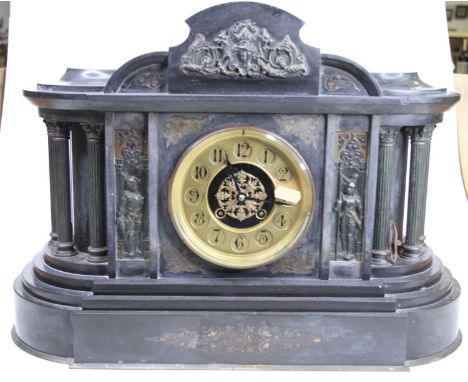 A Victorian slate mantel clock, of architectural form, having a gilt chapter ring, and eight day movement, height 36cmAppears