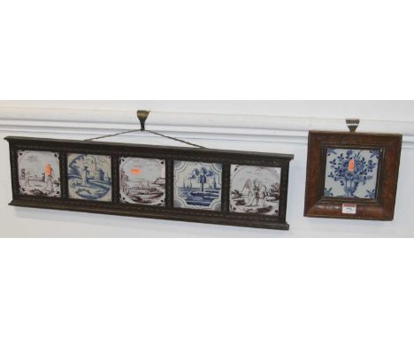 A collection of five 18th century Delft wall tiles, housed in an oak frame, 18 x 72cm; together with another single framed ti
