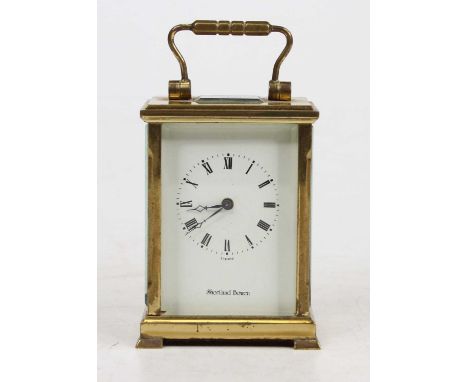 A Shortbland Bowen lacquered brass minuet carriage clock, having visible platform escapement, signed white enamel Roman dial 