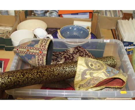 A Venetian style Doge's hat, together with a Chinese wall hanging, and embroidered silksBoth embroidered silks are threadbare