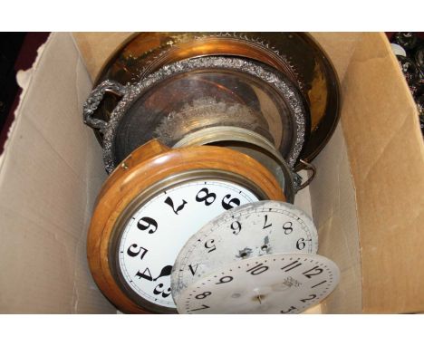 A collection of metal wares and clock parts, to include a twin handled silver plated serving tray