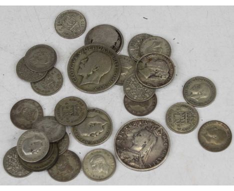 A collection of loose British silver coinage to include Victoria 1891 half crown, George V 1921 half crown, George V 1934 six