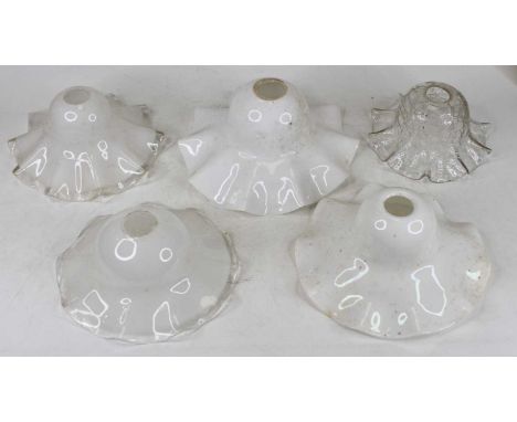 A collection of glassware to include four frilled light shades, a set of six liqueur glasses etc