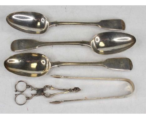 A pair of William IV silver tablespoons in the Fiddle pattern, together with a near-matching Victorian example, a pair of cir