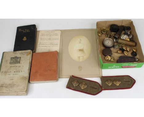 A collection of militaria &amp; ephemera to include buttons, lapels, pocket range finder, French photographic portrait of an 