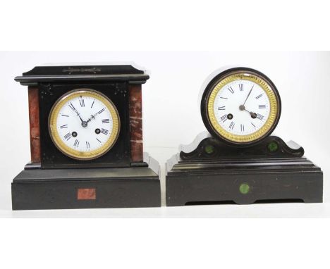 A late Victorian slate marble drum top mantel clock, having an unsigned white enamel Roman dial and French brass eight-day cy