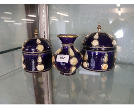 Vintage Moroccan cobalt blue ceramic and metal pots inset with camel bone 
