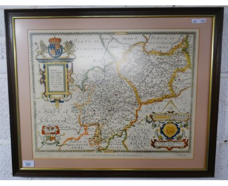 Framed vintage map of Warwickshire &amp; Leicestershire 