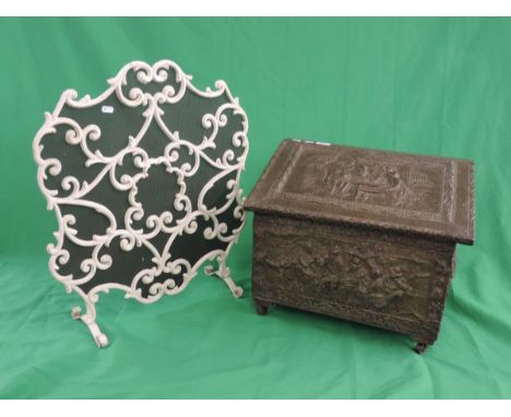 Vintage cast aluminium fire screen together with a large embossed log box 
