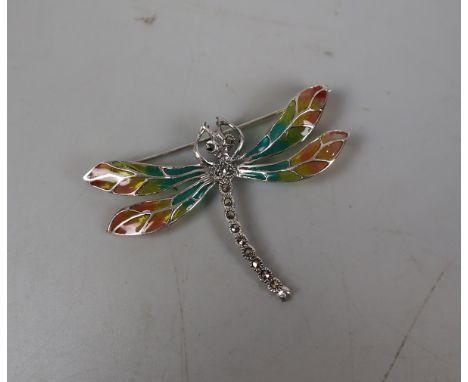 Silver and enamel dragonfly brooch 