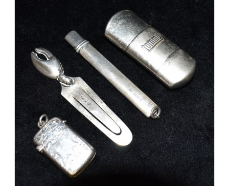 A COLLECTION OF SILVER AND METAL ITEMS comprising a silver vesta adapted for fob/pendant, in floral pattern with blank cartou