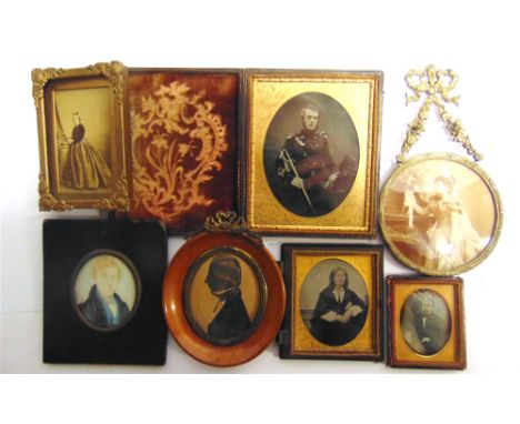 ASSORTED PHOTOGRAPHS &amp; PORTRAIT MINIATURES  comprising an ambrotype of a soldier in uniform, possibly a dragoon, 10.5cm x