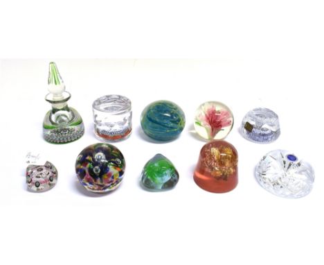 A GROUP OF TEN PAPERWEIGHTS  comprising two Whitefriars millefiore facetted glass paperweights, a Perthshire millefiore inkwe
