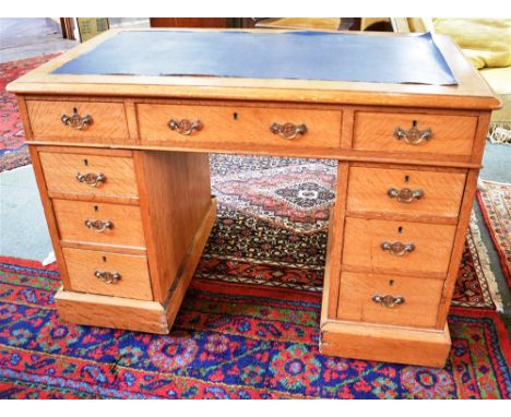A LATE VICTORIAN LIGHT OAK TWIN PEDESTAL DESK  107cm wide 61cm deep 76cm high Condition Report : leather top replaced. some c