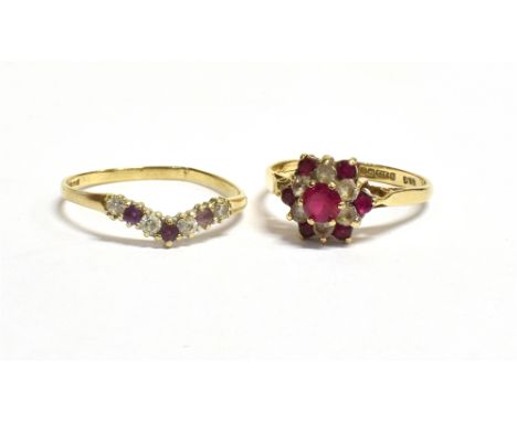 TWO 9CT GOLD RINGS A red Spinel and Goshenite flower head ring, hallmarked for Birmingham 1973 maker W&amp;G, ring size O tog